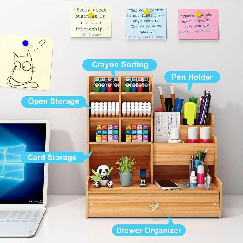 Wooden Desk Organiser DIY Desktop Tidy Pen Holder Large Capacity Stationery Storage Box with Drawer for Home Office and School